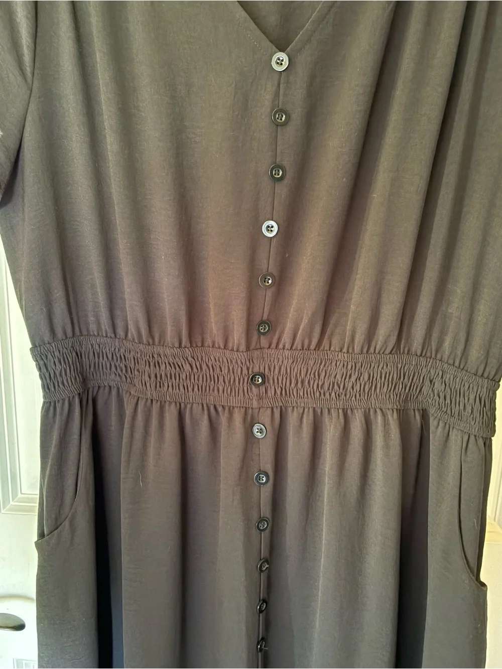 Black Button-Front V-Neck Midi Dress